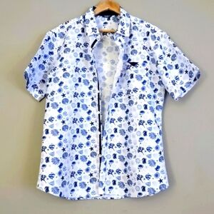 Bohio Short Button Down Blue/White Short Sleeve Nautical Print  Men's Medium